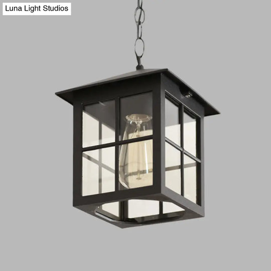 Clear Glass Farmhouse Hanging Pendant Light With 1 Bulb Cuboid Design (Black/Bronze)