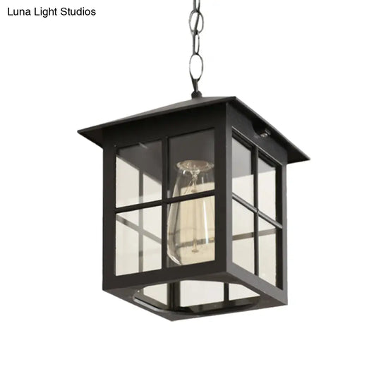 Clear Glass Farmhouse Hanging Pendant Light With 1 Bulb Cuboid Design (Black/Bronze)