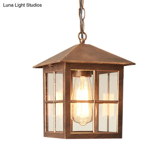 Clear Glass Farmhouse Hanging Pendant Light With 1 Bulb Cuboid Design (Black/Bronze)