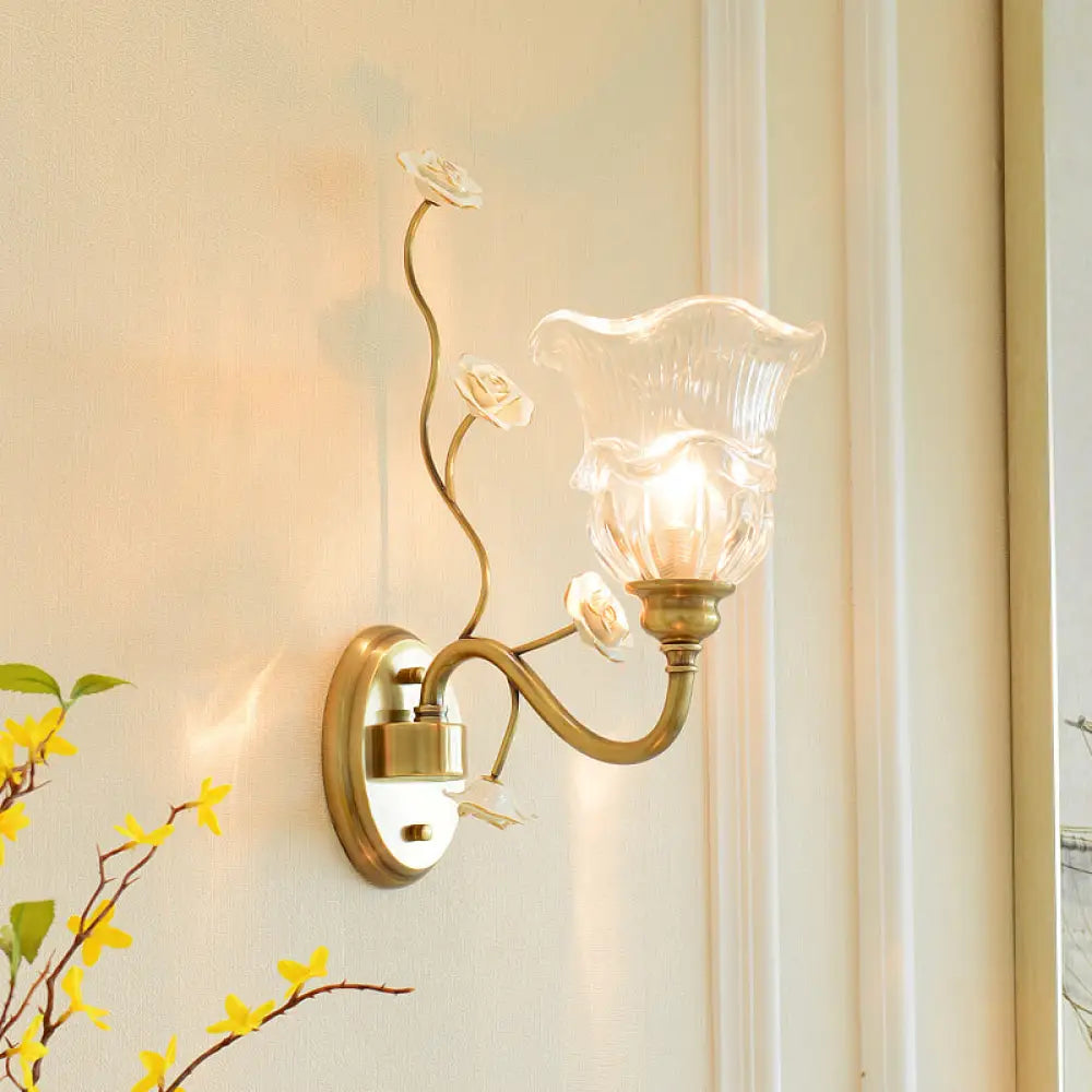 Clear Glass Floral Sconce Retro Style Wall Light With Ruffled Tiers In White 1 /