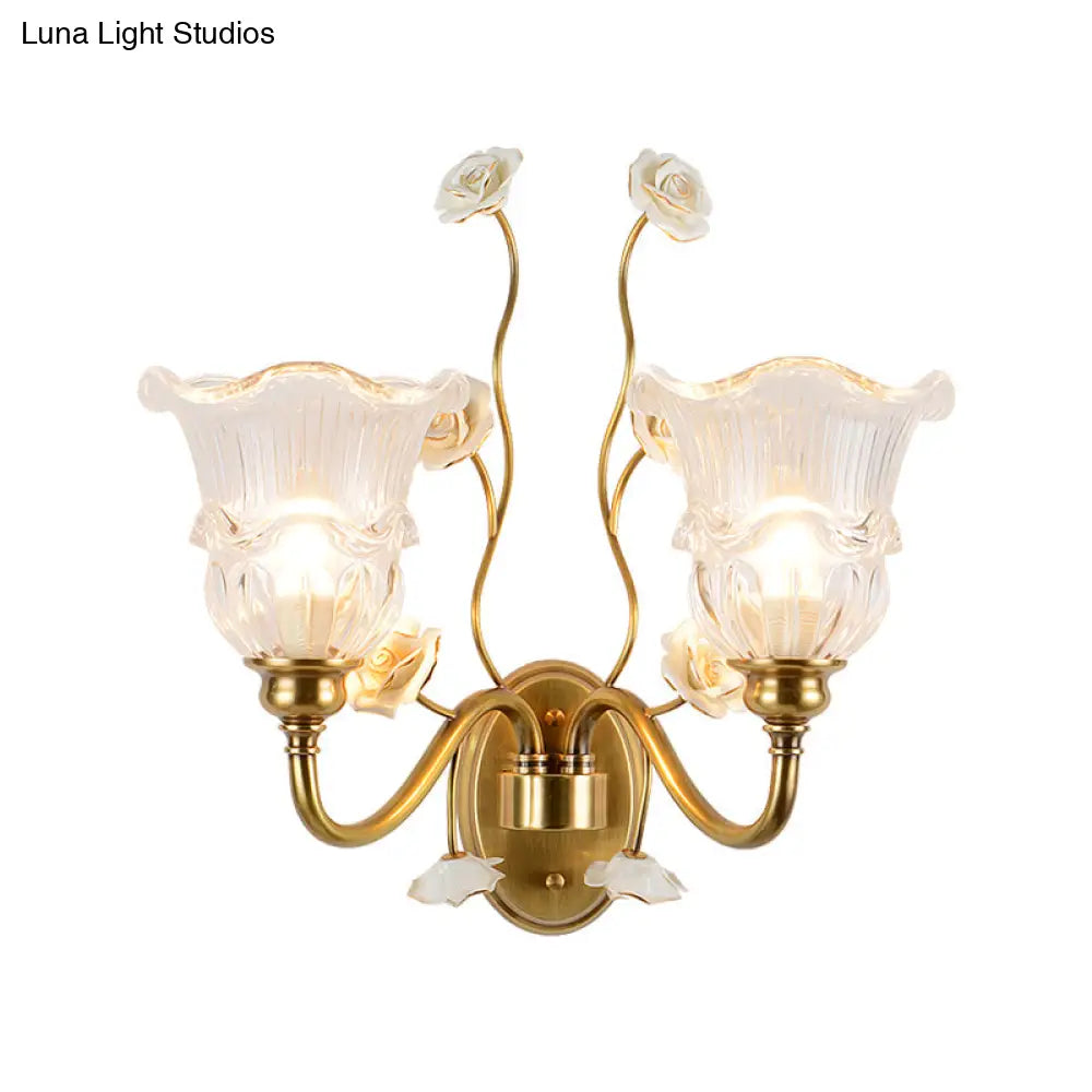 Clear Glass Floral Sconce Retro Style Wall Light With Ruffled Tiers In White