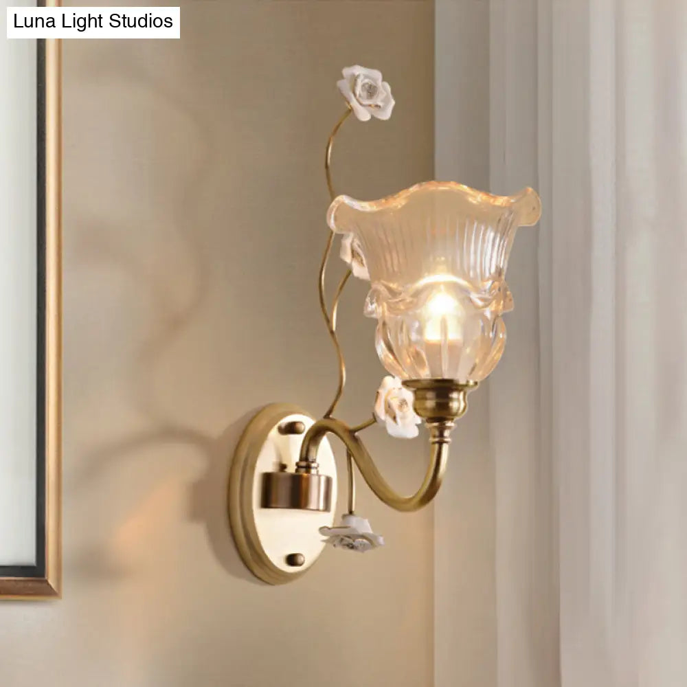 Clear Glass Floral Sconce Retro Style Wall Light With Ruffled Tiers In White