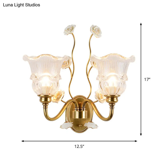 Clear Glass Floral Sconce Retro Style Wall Light With Ruffled Tiers In White