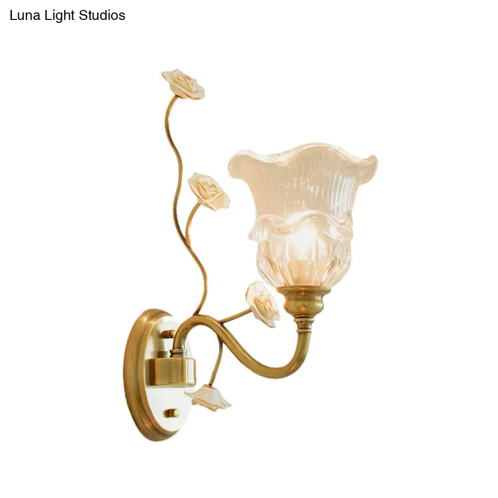 Clear Glass Floral Sconce Retro Style Wall Light With Ruffled Tiers In White