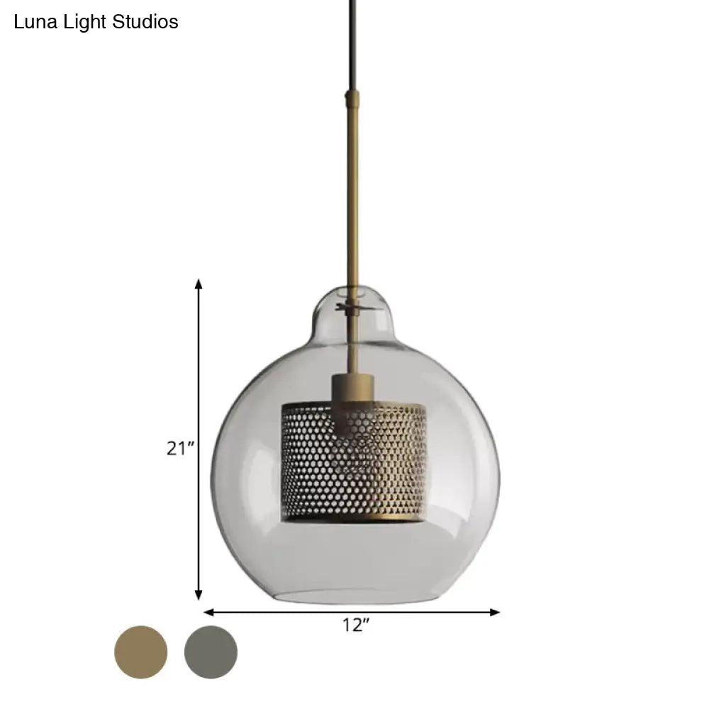 Clear Glass Globe Pendant Colonial 1 Head Restaurant Down Lighting - Bronze/Silver Gray With Metal