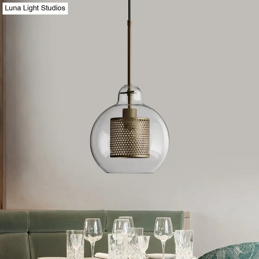 Clear Glass Globe Pendant Colonial 1 Head Restaurant Down Lighting - Bronze/Silver Gray With Metal