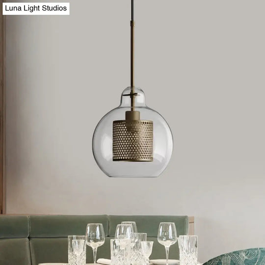 Clear Glass Globe Pendant Colonial 1 Head Restaurant Down Lighting - Bronze/Silver Gray With Metal