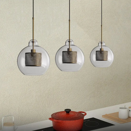 Clear Glass Globe Pendant Colonial 1 Head Restaurant Down Lighting - Bronze/Silver Gray With Metal