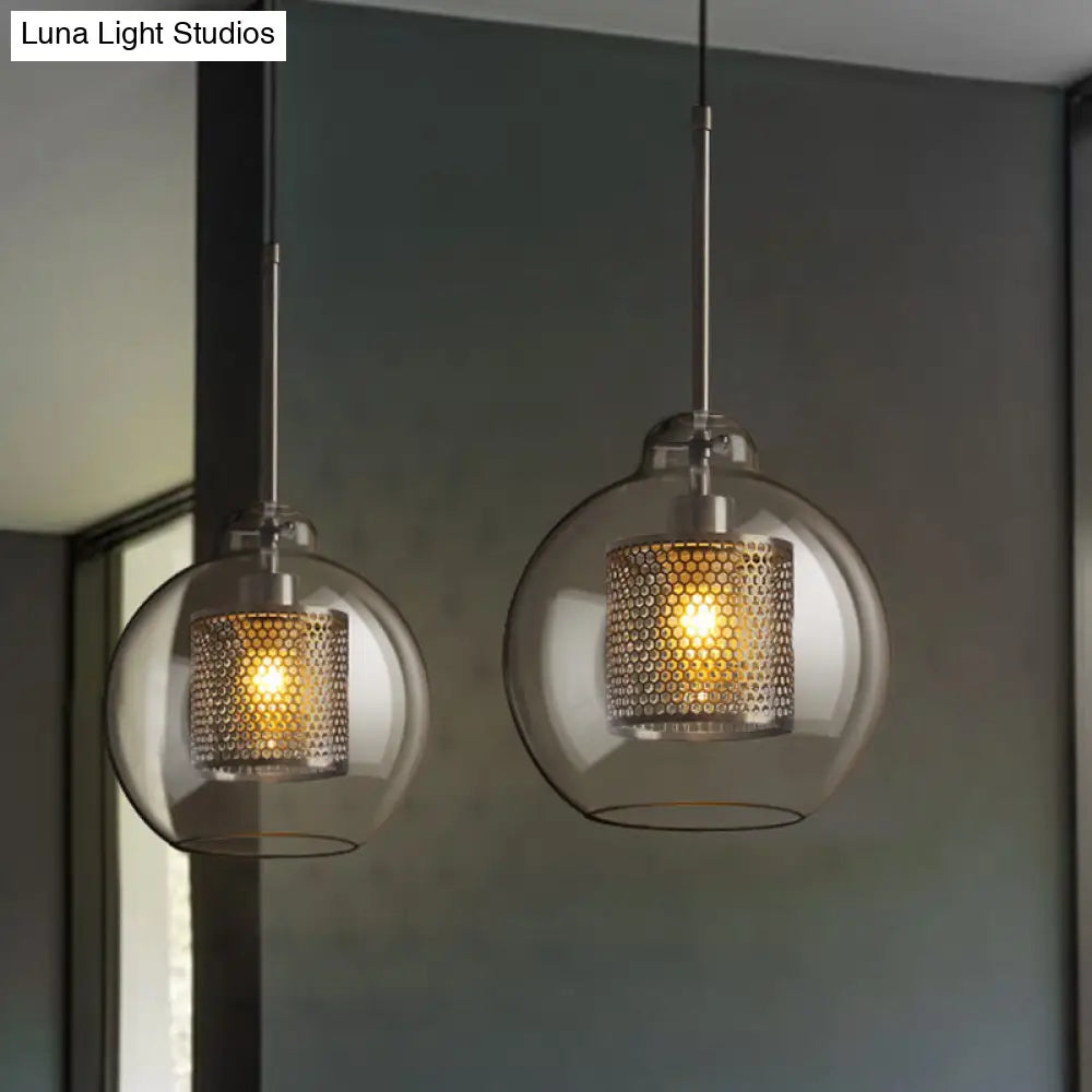 Clear Glass Globe Pendant Colonial 1 Head Restaurant Down Lighting - Bronze/Silver Gray With Metal