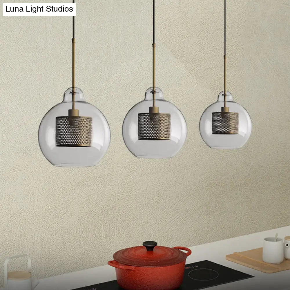 Clear Glass Globe Pendant Colonial 1 Head Restaurant Down Lighting - Bronze/Silver Gray With Metal