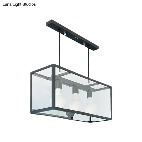 Clear Glass Hanging Pendant Industrial Kitchen Island Light - 3-Light Rectangle Design In White