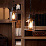 Clear Glass Hanging Pendant Light - Warehouse Style Black Cylinder Design With Metal Frame