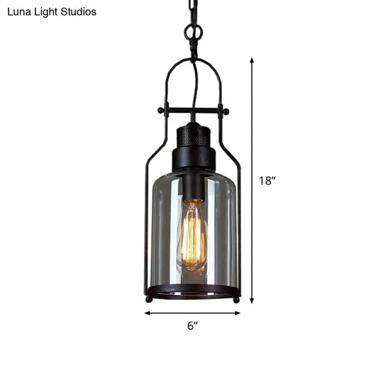 Clear Glass Hanging Pendant Light - Warehouse Style Black Cylinder Design With Metal Frame