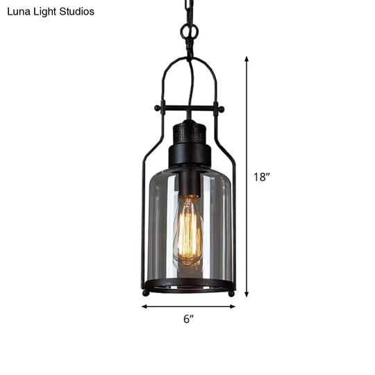 Clear Glass Hanging Pendant Light With Metal Frame - Stylish 1-Bulb Warehouse Style Ceiling Fixture