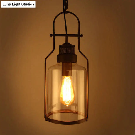 Clear Glass Hanging Pendant Light - Warehouse Style Black Cylinder Design With Metal Frame