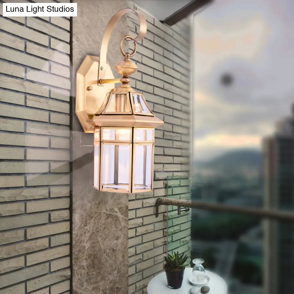 Clear Glass Hexagon Wall Light-Traditional 1 Head Brass Flush Mount Sconce For Stairway