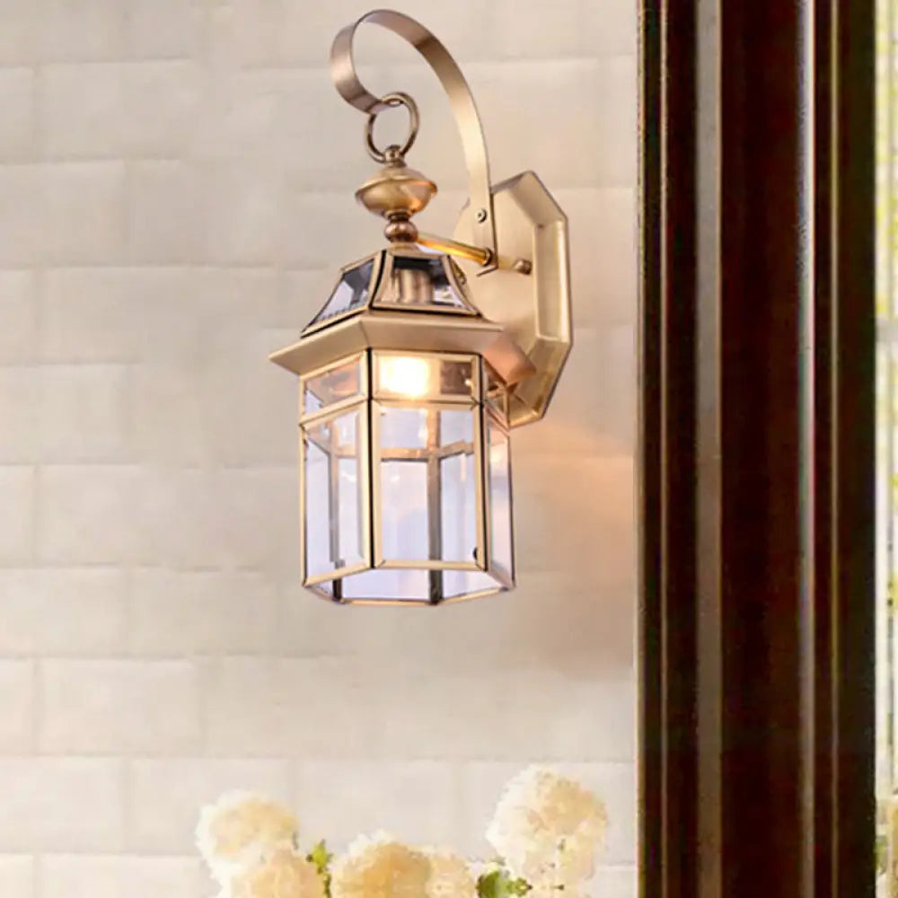 Clear Glass Hexagon Wall Light-Traditional 1 Head Brass Flush Mount Sconce For Stairway