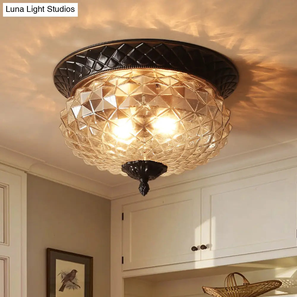 Clear Glass Industrial Flush Ceiling Light With Black Finish - 2 Lights For Foyer Or Entryway