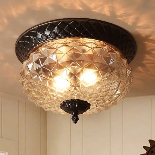 Clear Glass Industrial Flush Ceiling Light With Black Finish - 2 Lights For Foyer Or Entryway