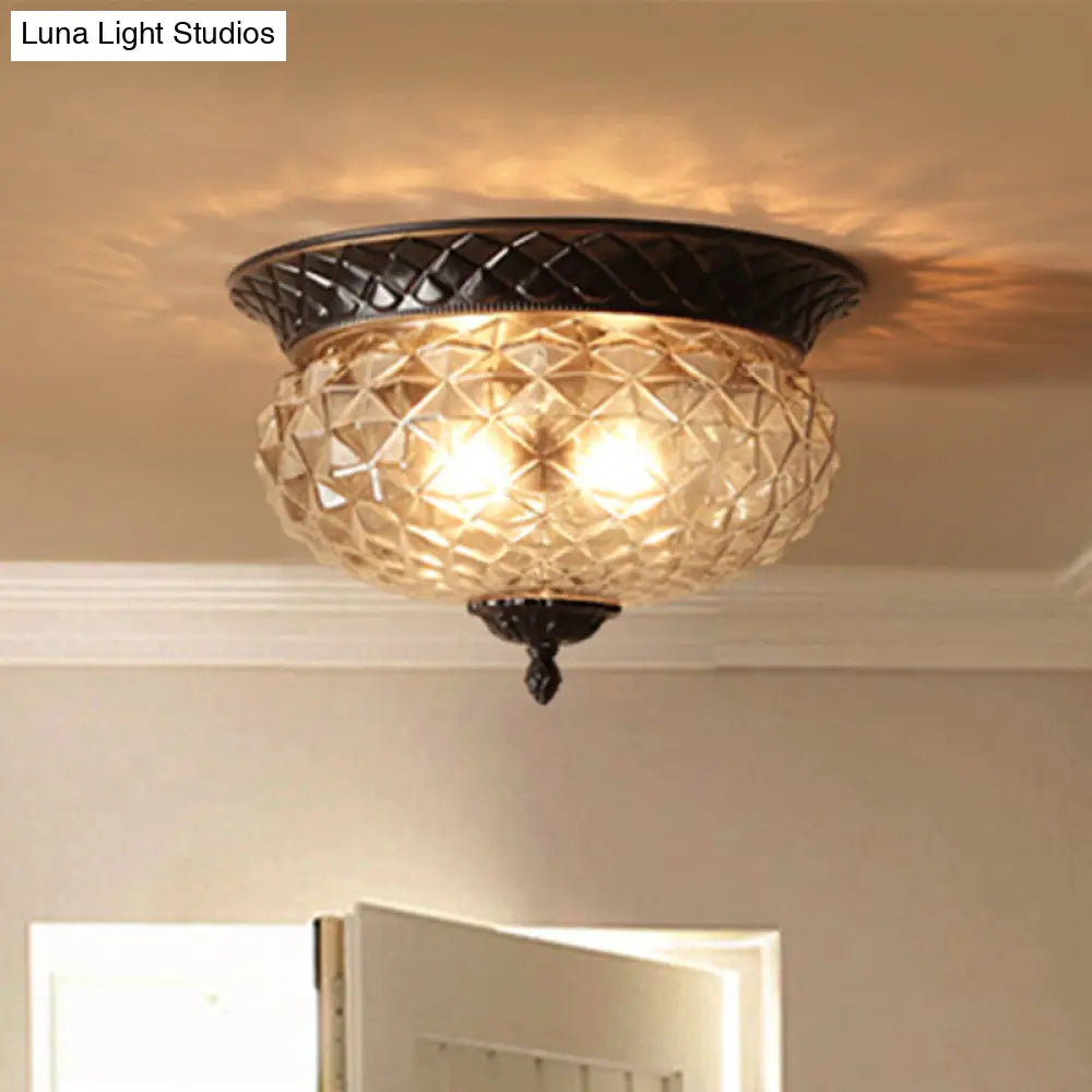 Clear Glass Industrial Flush Ceiling Light With Black Finish - 2 Lights For Foyer Or Entryway