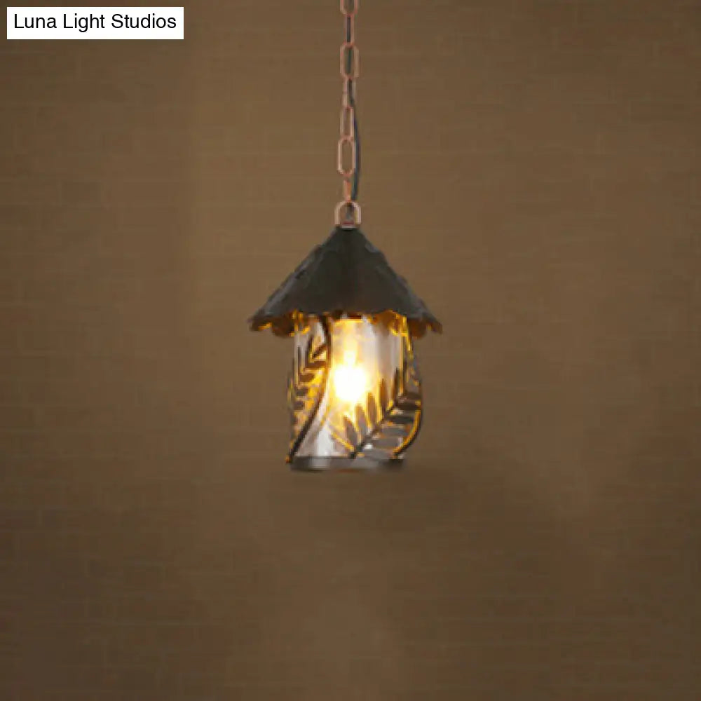 Industrial Lantern Pendant With Single Clear Glass Bulb - Black Hanging Light Fixture