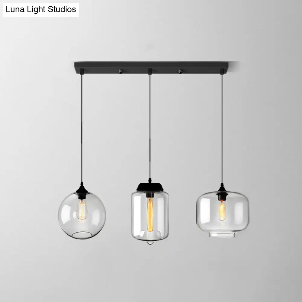 Industrial Clear Glass Multi Light Pendant - 3 Bulbs Dining Room Lighting / S