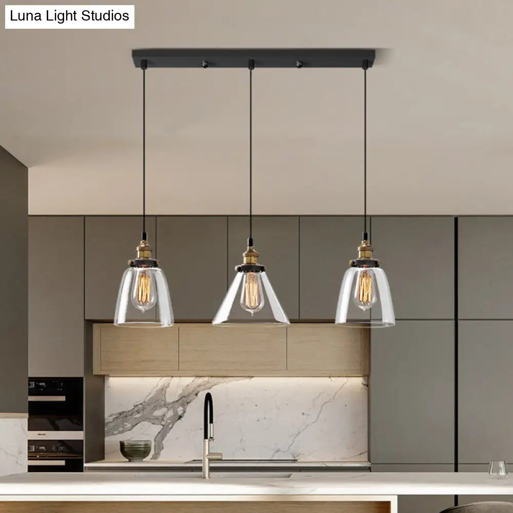 Industrial Clear Glass Multi Light Pendant - 3 Bulbs Dining Room Lighting