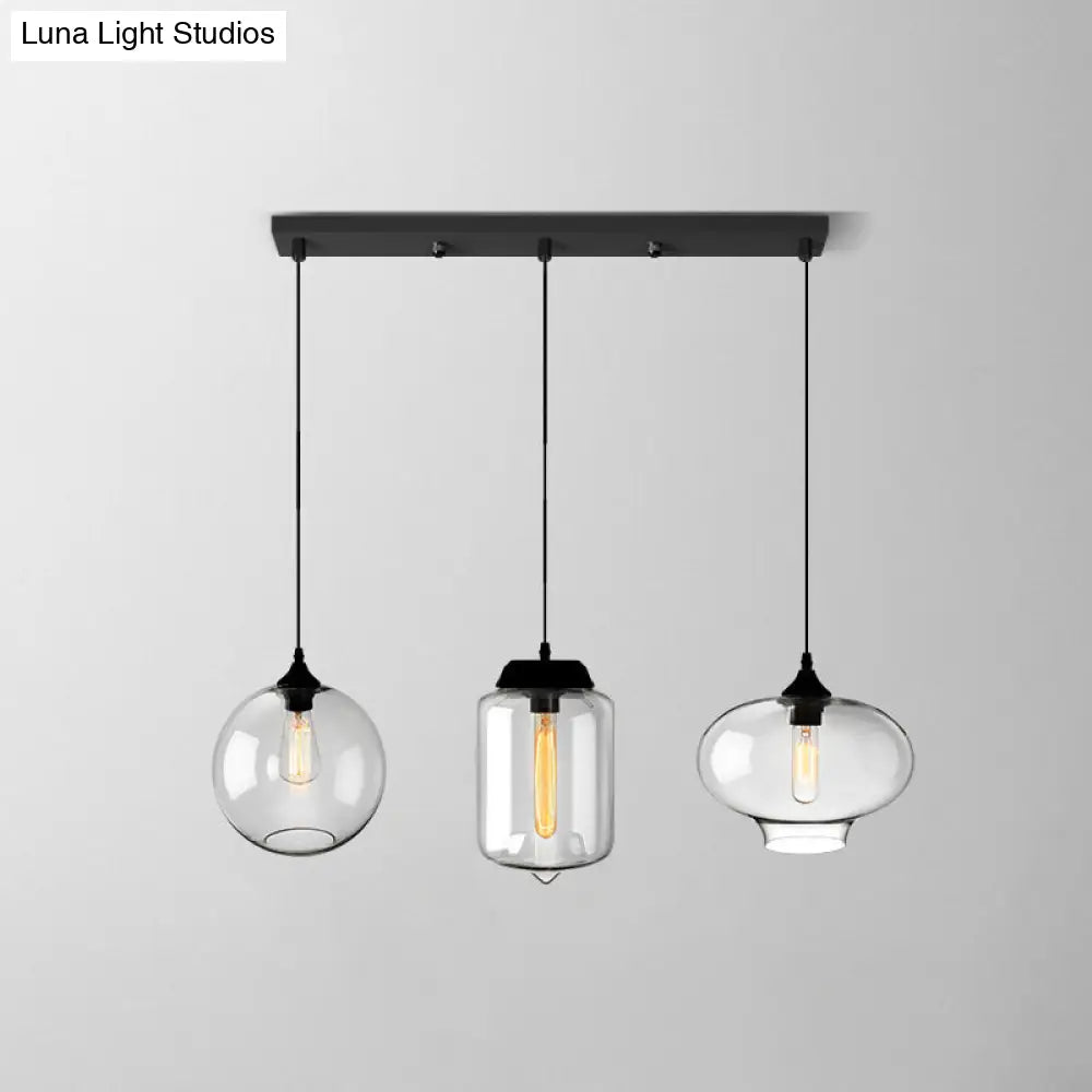 Industrial Clear Glass Multi Light Pendant - 3 Bulbs Dining Room Lighting / T