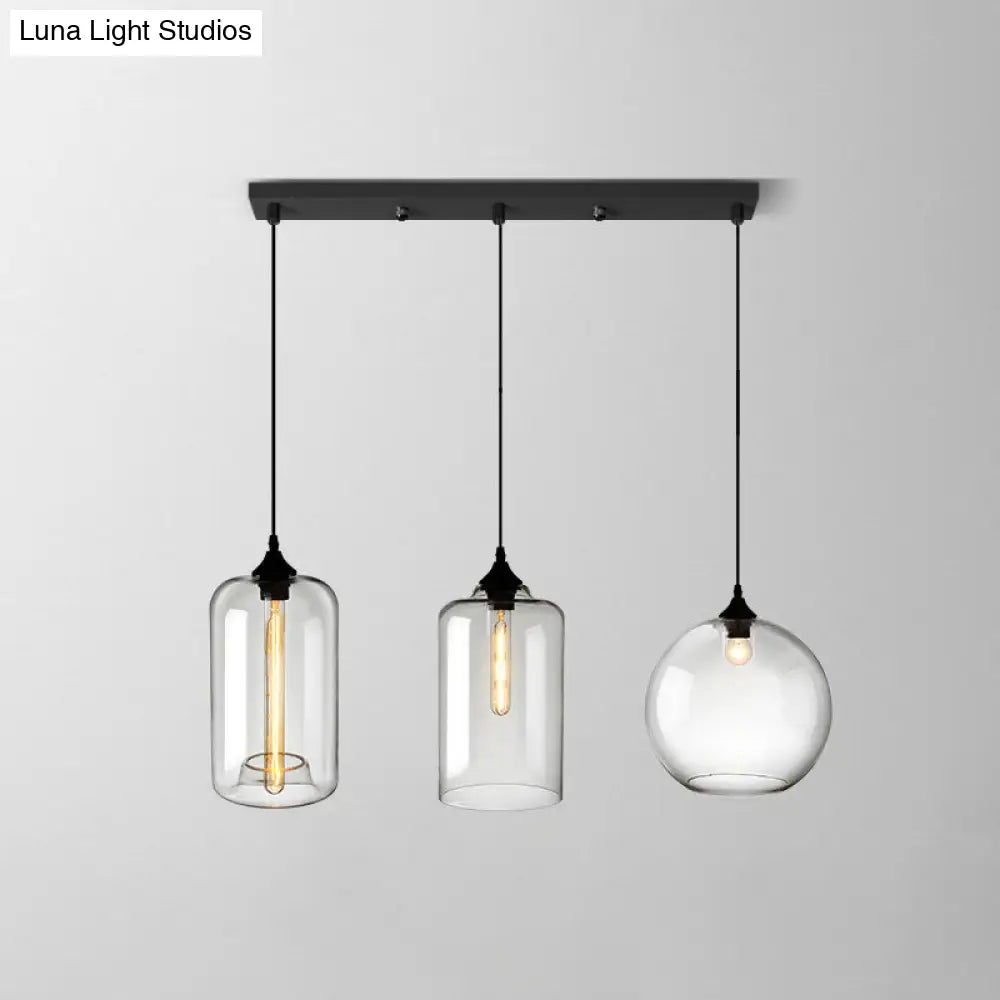 Industrial Clear Glass Multi Light Pendant - 3 Bulbs Dining Room Lighting / L