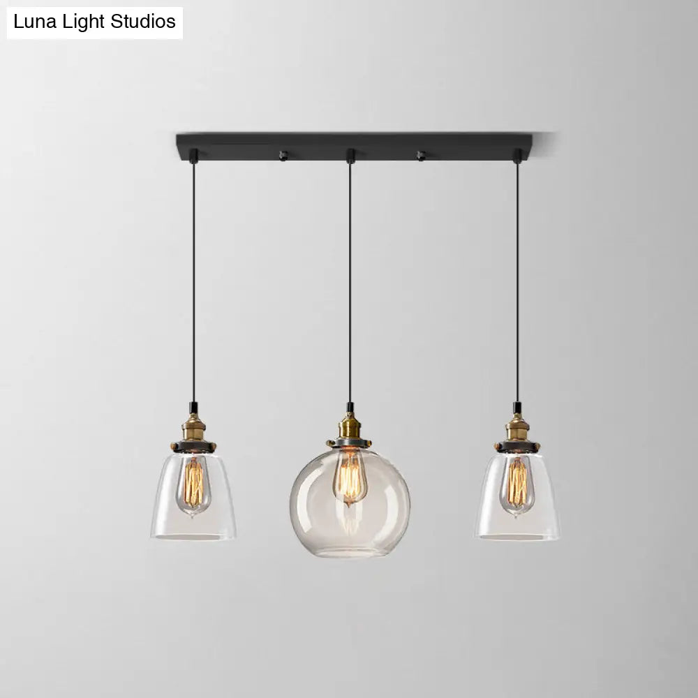 Industrial Clear Glass Multi Light Pendant - 3 Bulbs Dining Room Lighting / D