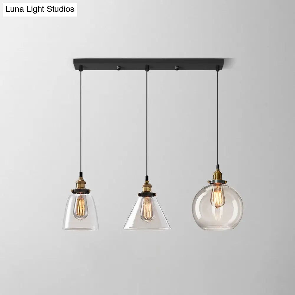 Industrial Clear Glass Multi Light Pendant - 3 Bulbs Dining Room Lighting / C