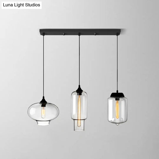 Industrial Clear Glass Multi Light Pendant - 3 Bulbs Dining Room Lighting / N