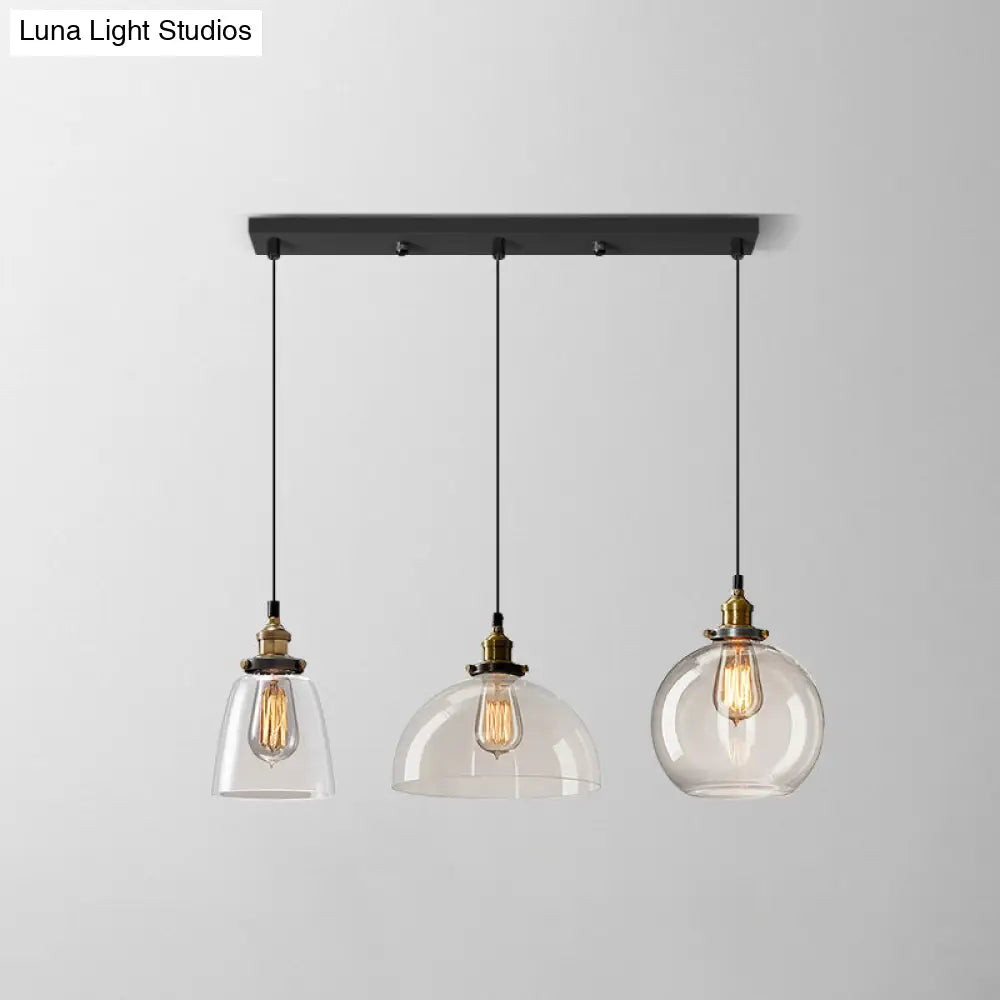Industrial Clear Glass Multi Light Pendant - 3 Bulbs Dining Room Lighting / A
