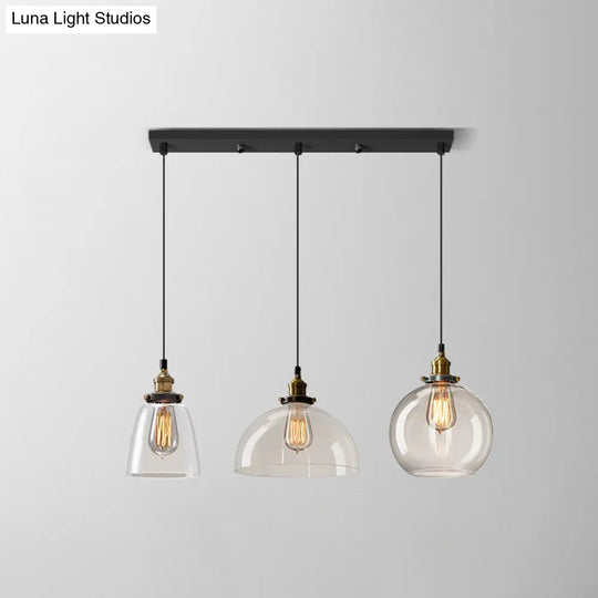 Industrial Clear Glass Multi Light Pendant - 3 Bulbs Dining Room Lighting / A
