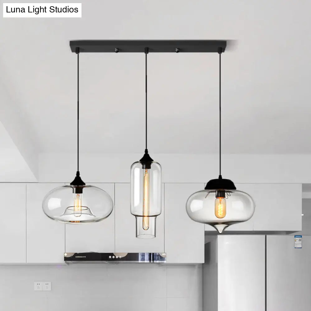 Industrial Clear Glass Multi Light Pendant - 3 Bulbs Dining Room Lighting / P