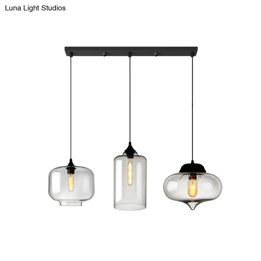 Clear Glass Industrial Shaded Multi-Light Pendant: 3-Bulb Hanging Lighting For Dining Room