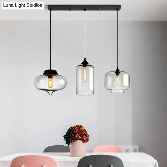 Industrial Clear Glass Multi Light Pendant - 3 Bulbs Dining Room Lighting / O