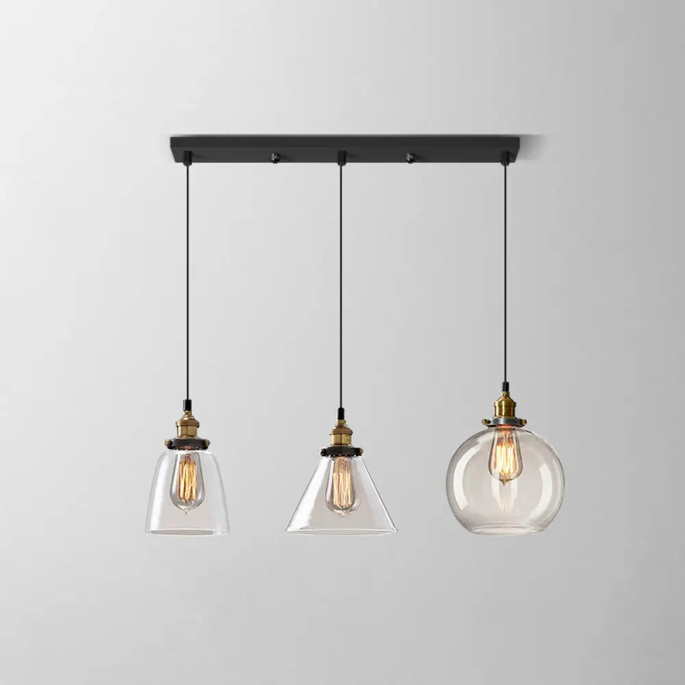 Clear Glass Industrial Shaded Multi-Light Pendant: 3-Bulb Hanging Lighting For Dining Room / C