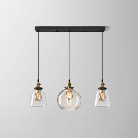 Clear Glass Industrial Shaded Multi-Light Pendant: 3-Bulb Hanging Lighting For Dining Room / D