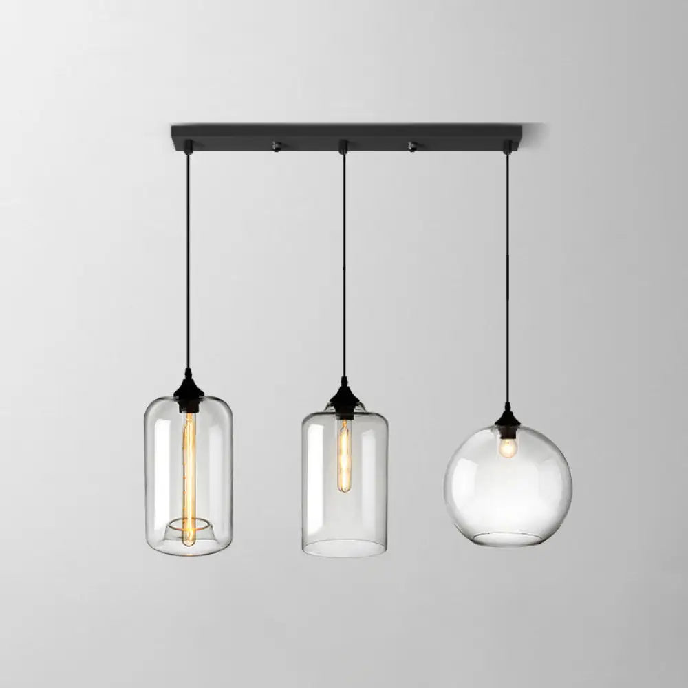 Clear Glass Industrial Shaded Multi-Light Pendant: 3-Bulb Hanging Lighting For Dining Room / L