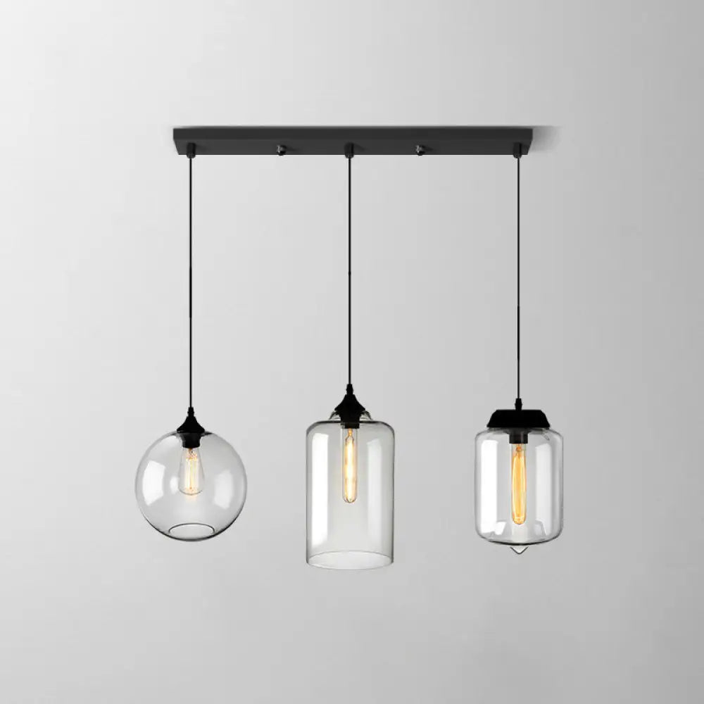 Clear Glass Industrial Shaded Multi-Light Pendant: 3-Bulb Hanging Lighting For Dining Room / R