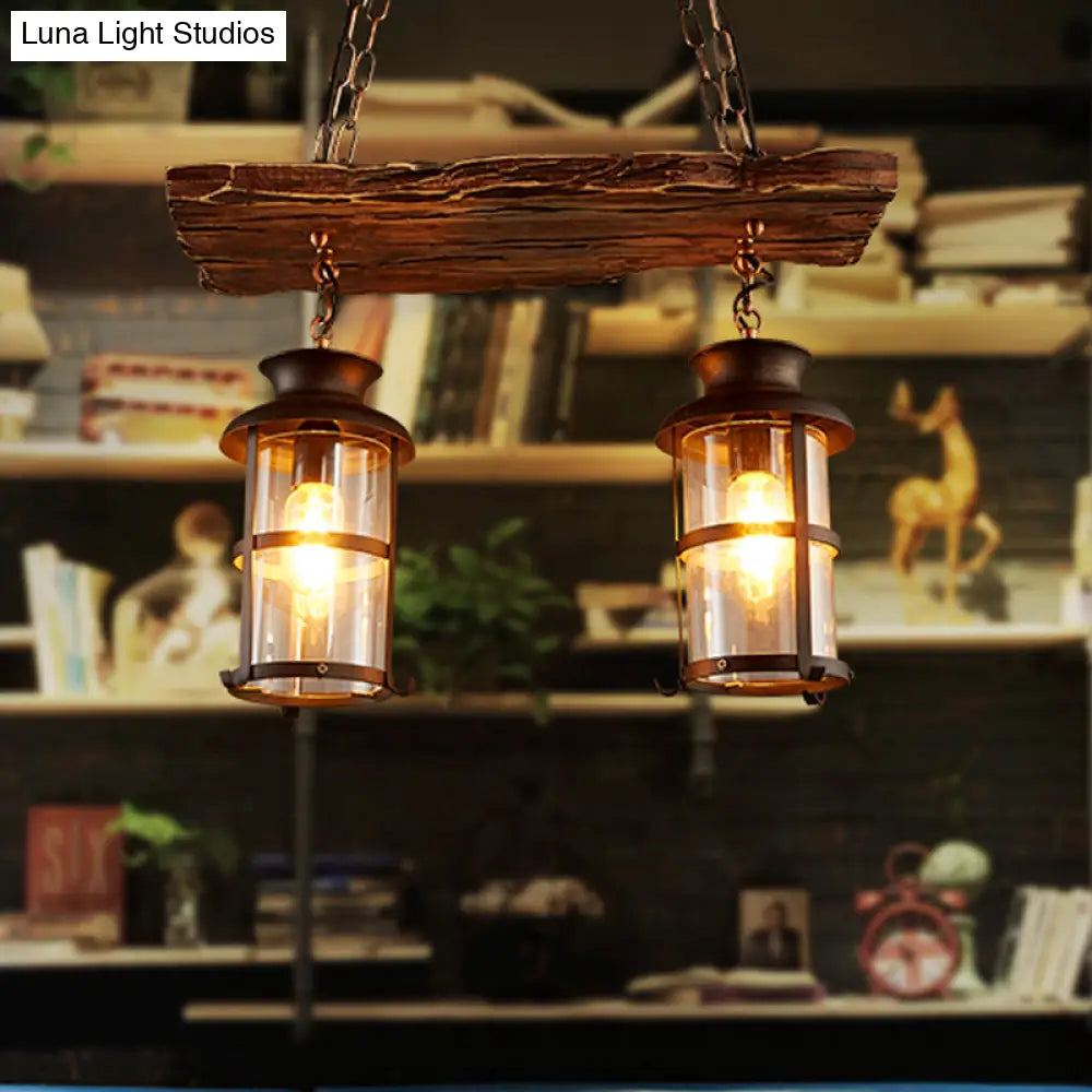 Clear Glass Island Pendant Light: Farmhouse Brown Cylindrical Bistro Ceiling Hang