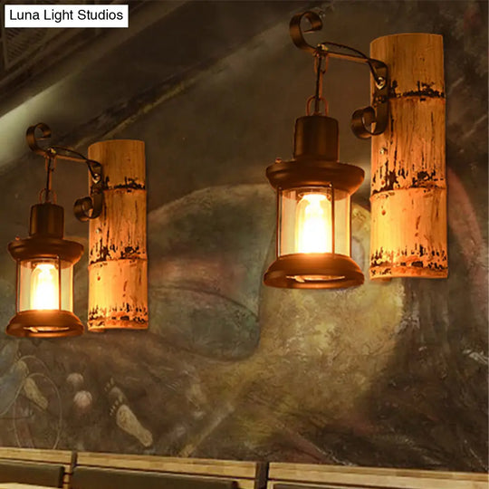 Clear Glass Lantern Wall Light - Industrial Dining Room Sconce In Black With Bamboo Backplate