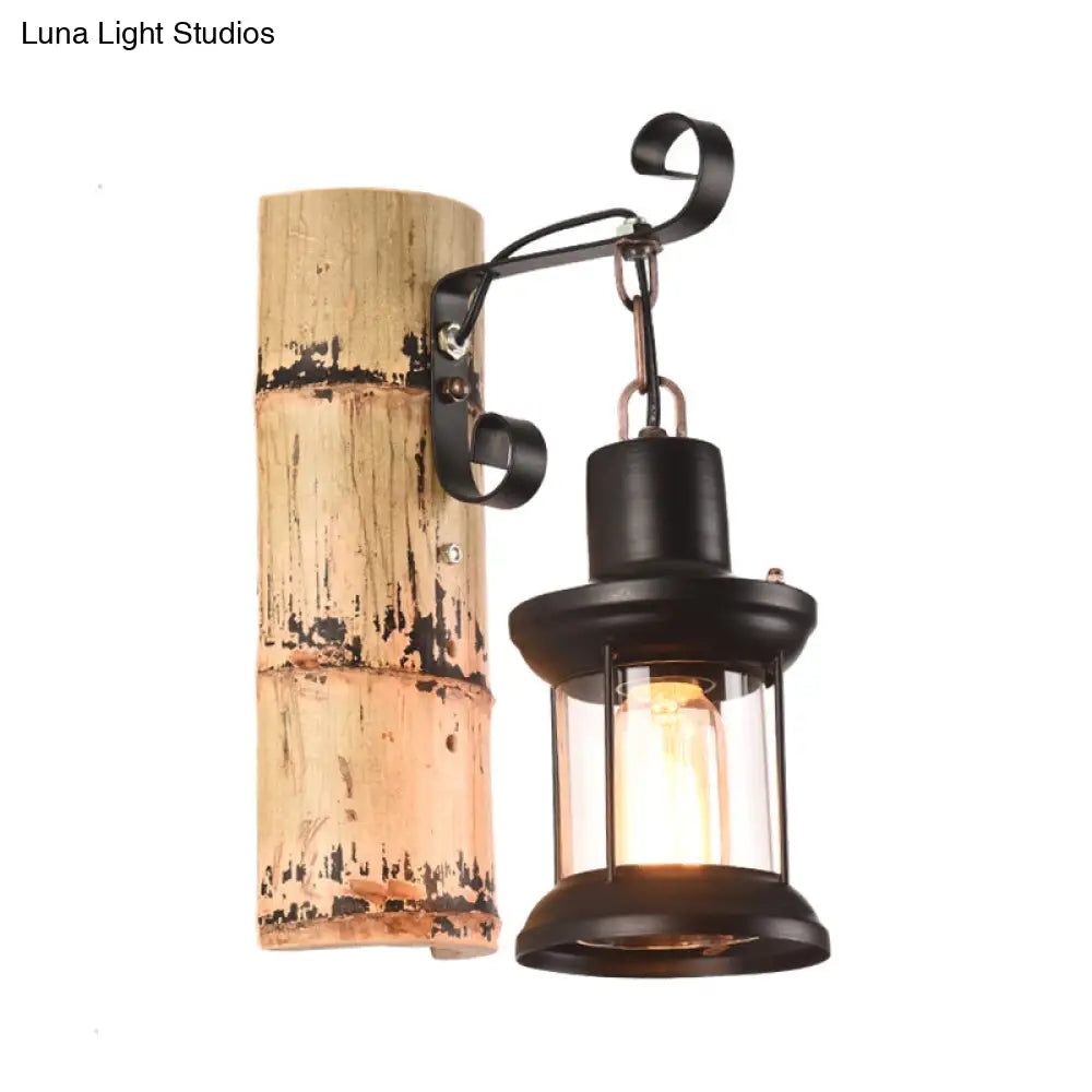 Clear Glass Lantern Wall Light - Industrial Dining Room Sconce In Black With Bamboo Backplate