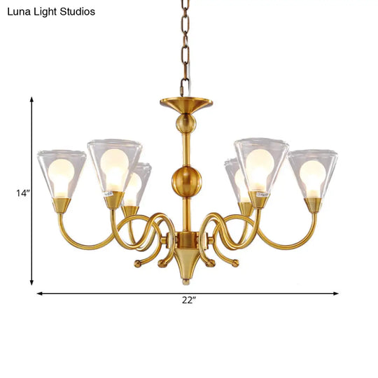 Clear Glass Led Brass Chandelier Pendant Lamp - Post-Modern Cone Design With Multi Lights And Curved