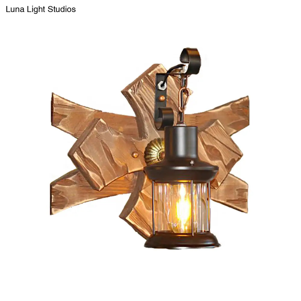 Clear Glass/Marble Lantern Sconce Light: Industrial Wall Lighting For Living Room Bronze Finish