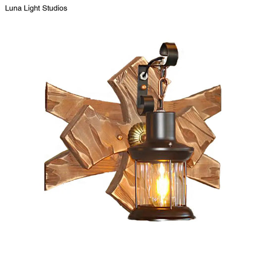 Clear Glass/Marble Lantern Sconce Light: Industrial Wall Lighting For Living Room Bronze Finish