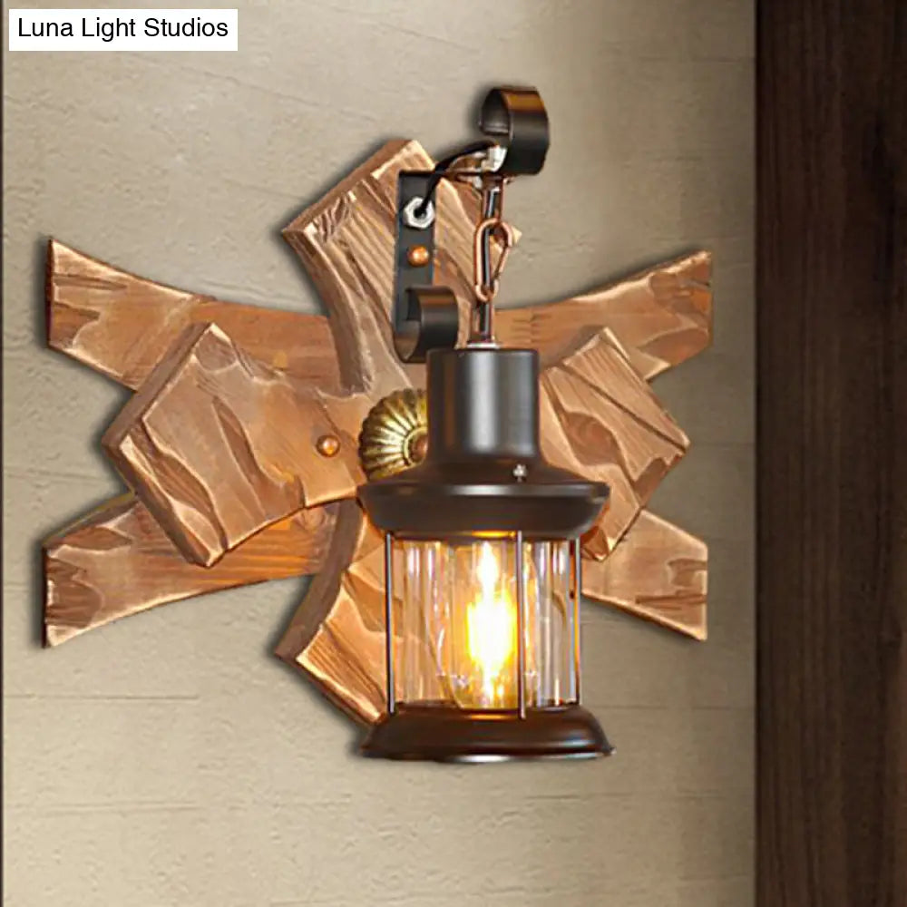 Clear Glass/Marble Lantern Sconce Light: Industrial Wall Lighting For Living Room Bronze Finish