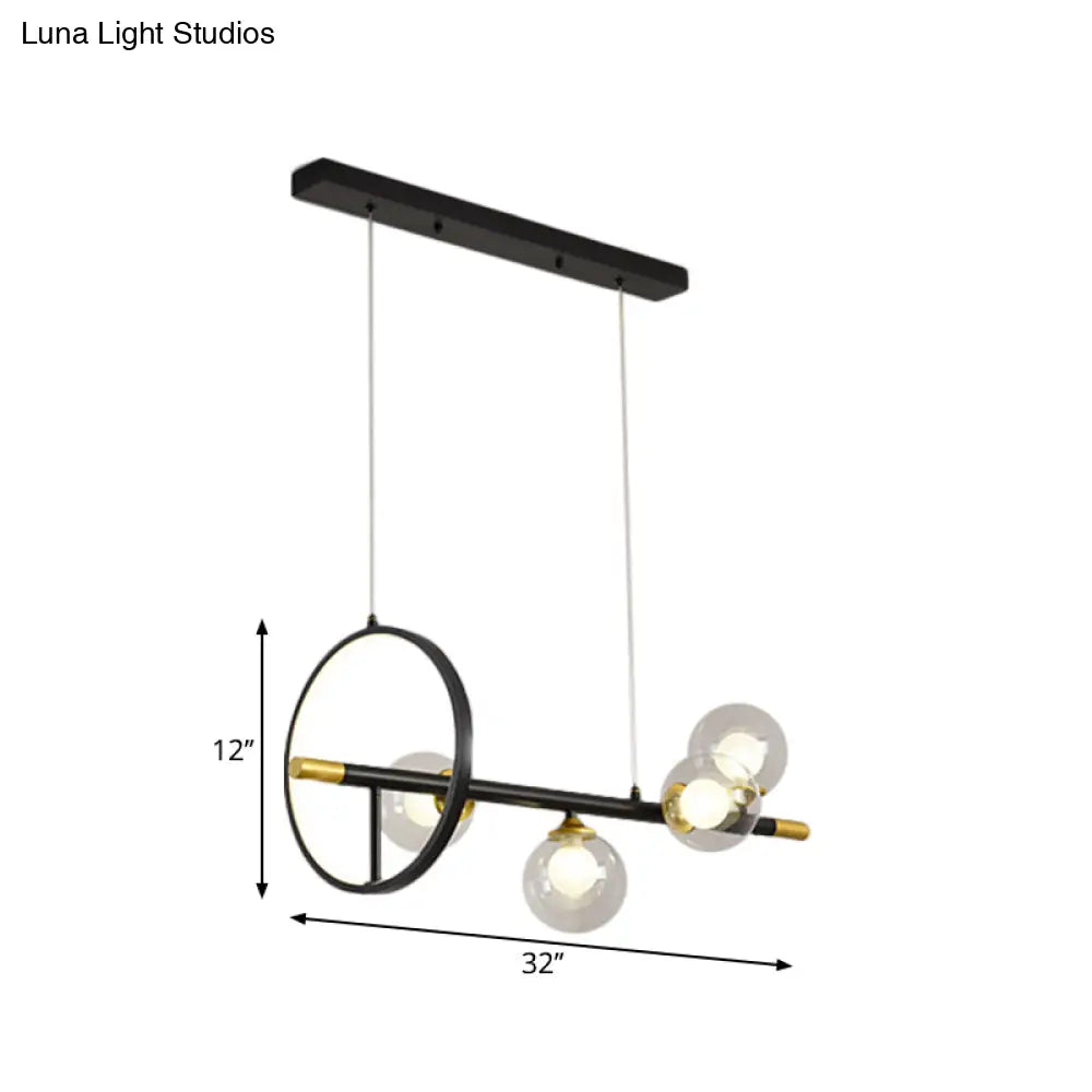 Clear Glass Molecular Island Chandelier - 4/6-Light Pendant In Black With Metal Ring Deco