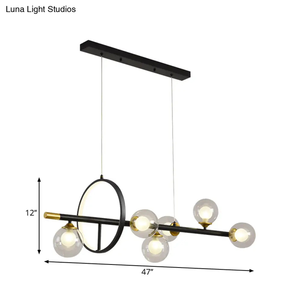 Clear Glass Molecular Island Chandelier - 4/6-Light Pendant In Black With Metal Ring Deco